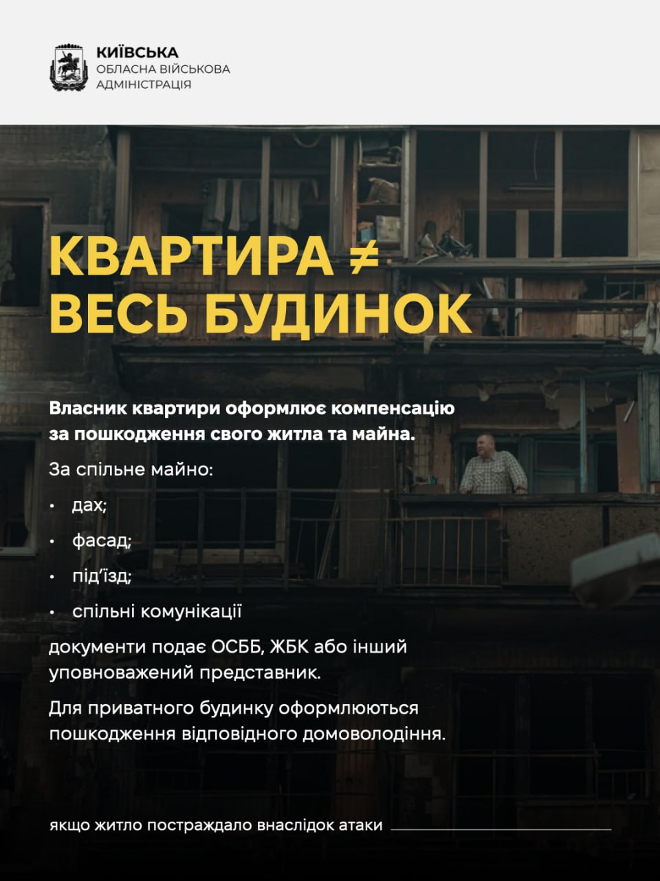 Київська ОВА: як отримати компенсацію за пошкоджене житло на Київщині
